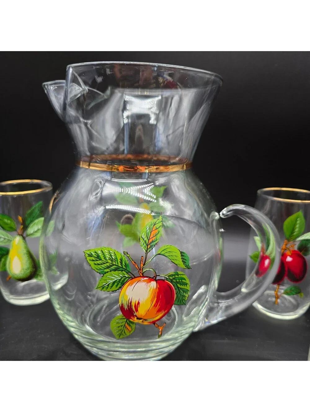 Vtg West Virginia Glass Orchard Fruit Pitcher 4 Tumblers Salt Pepper Shakers